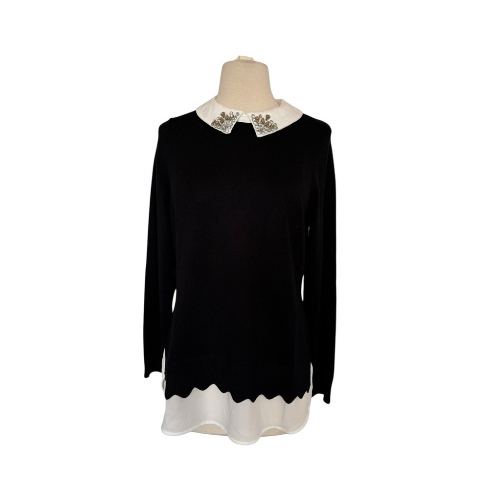 NWT NEW Adrianna Papell Black Embellished Collar Layered Sweater Size M
